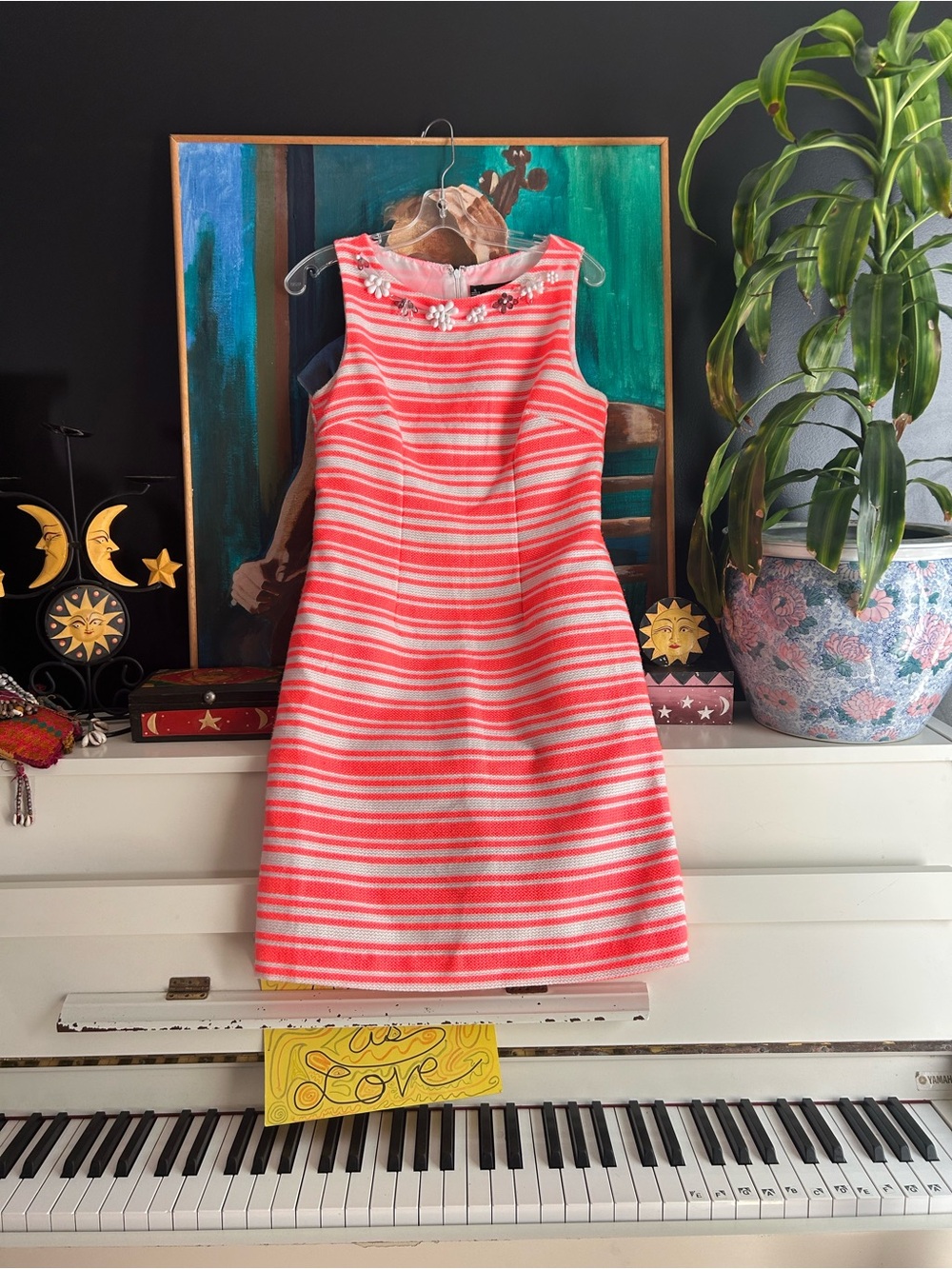 Chetta B Neon Coral Striped Embellished Sheath Dress Women’s Size 6 Party Dress